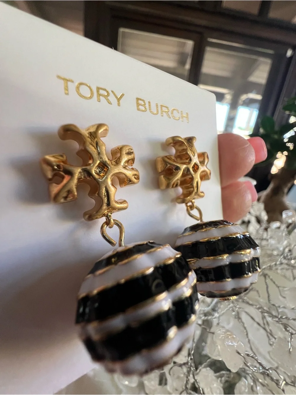 Tory Burch Gold Tone Earrings with Black and White Striped Spheres